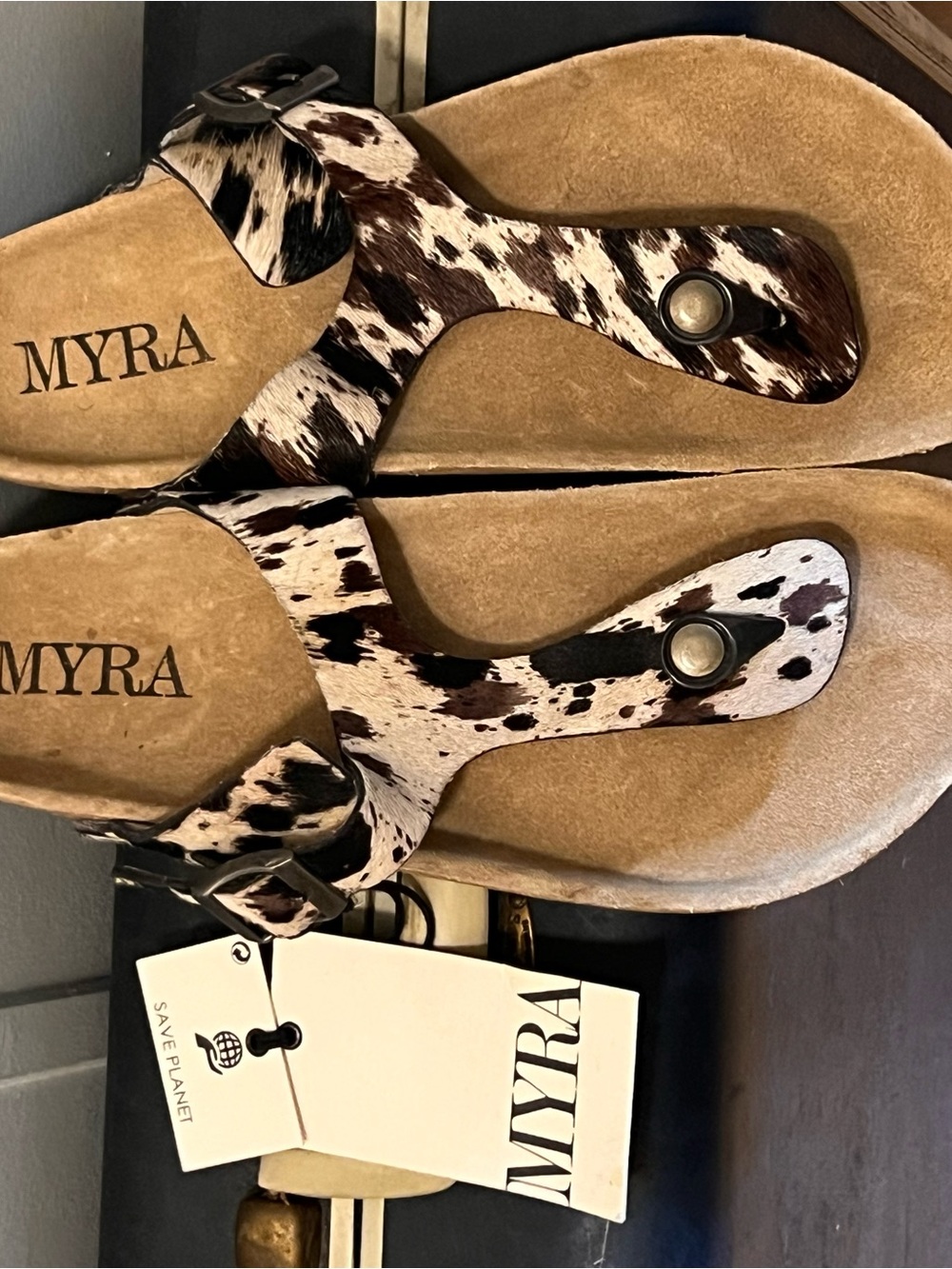 Myra Bag Black & White Cowhide Toe-Post Sandals